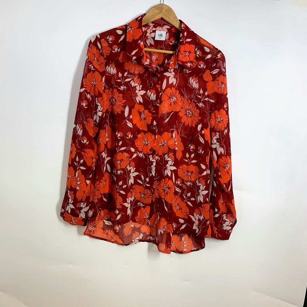 Cabi Womens Floral‎ Print Long Sleeve Button Up Shirt Red Orange Size M